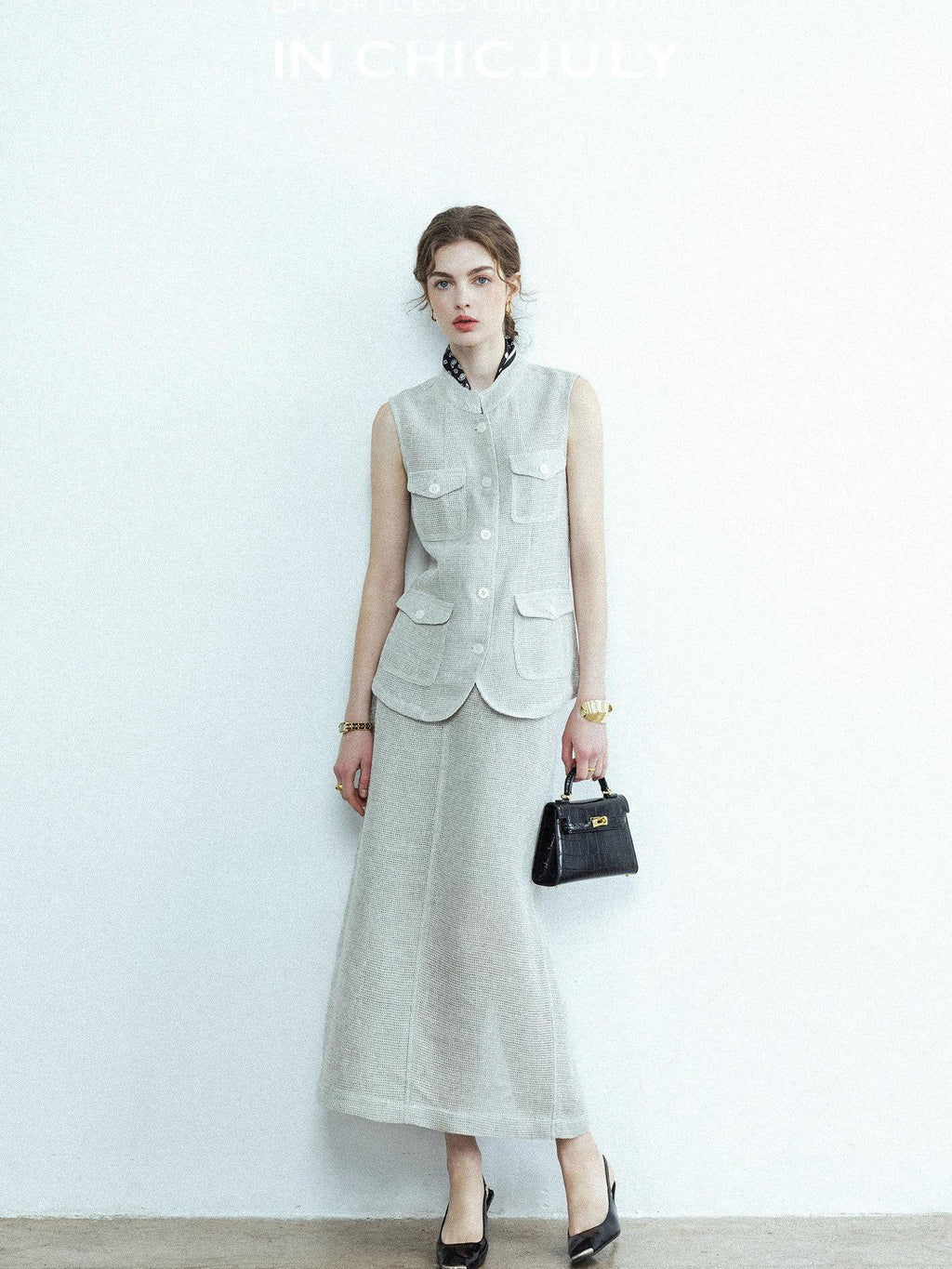 chicjuly Silver Glitter T Pocket Minimalist Women's Linen High Waist Top & Skirt Sets