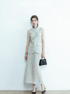 chicjuly Silver Glitter T Pocket Minimalist Women's Linen High Waist Top & Skirt Sets