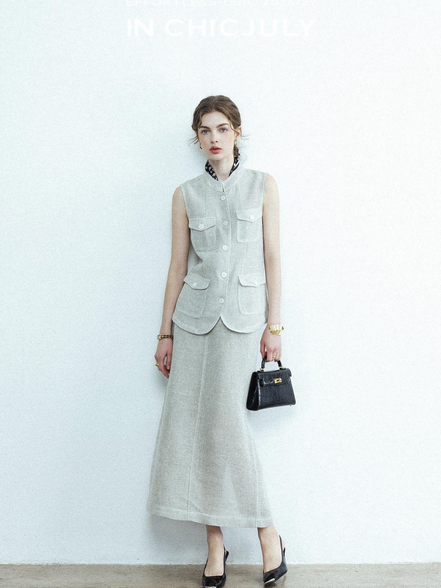 chicjuly Silver Glitter T Pocket Minimalist Women's Linen High Waist Top & Skirt Sets