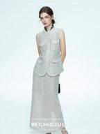 chicjuly Silver Glitter T Pocket Minimalist Women's Linen High Waist Top & Skirt Sets