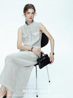 chicjuly Silver Glitter T Pocket Minimalist Women's Linen High Waist Top & Skirt Sets