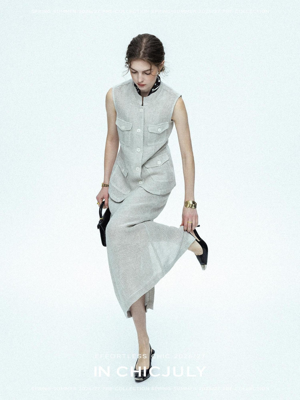 chicjuly Silver Glitter T Pocket Minimalist Women's Linen High Waist Top & Skirt Sets