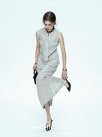chicjuly Silver Glitter T Pocket Minimalist Women's Linen High Waist Top & Skirt Sets