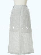 chicjuly Silver Glitter T Pocket Minimalist Women's Linen High Waist Top & Skirt Sets