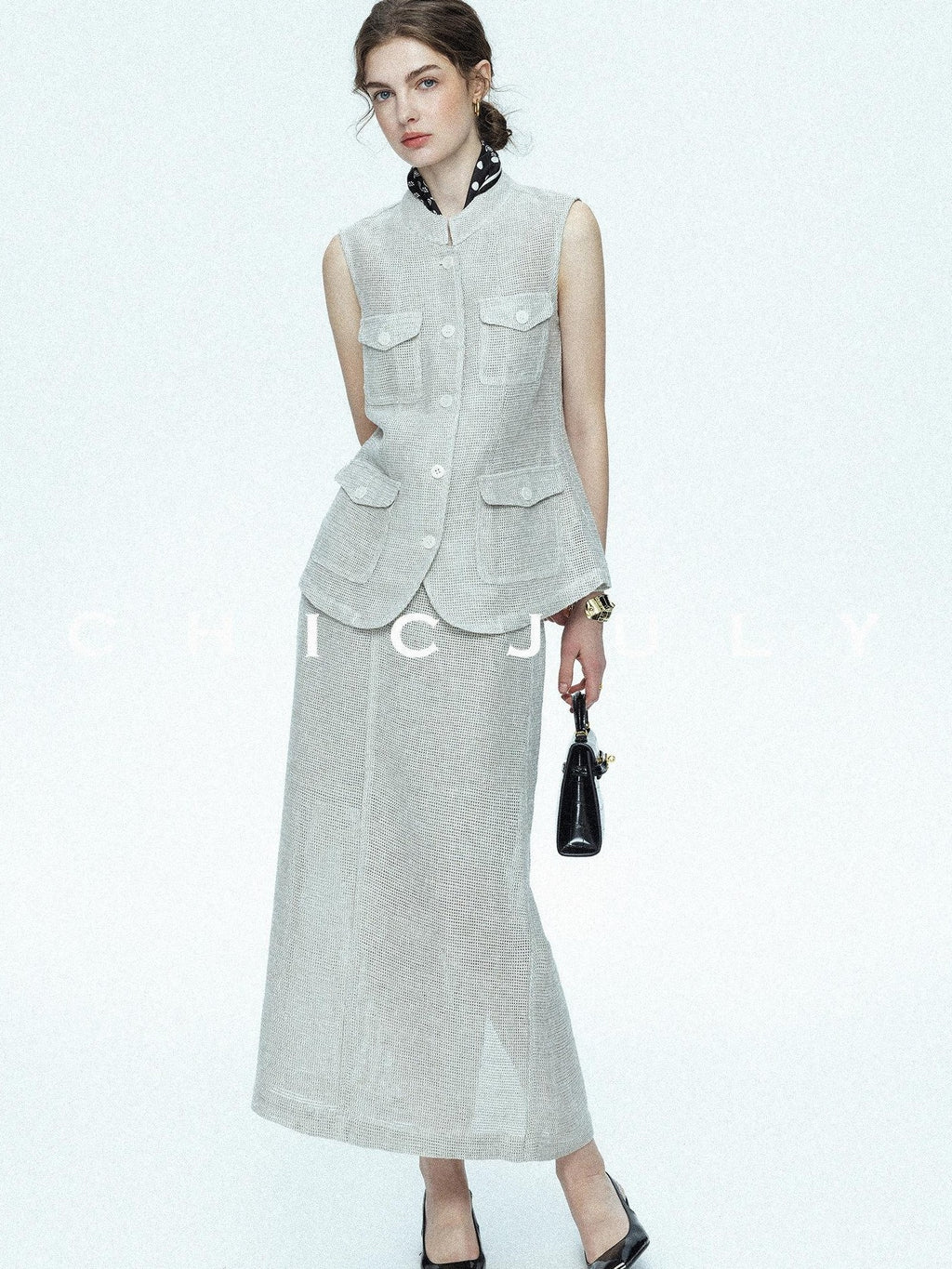 chicjuly Silver Glitter T Pocket Minimalist Women's Linen High Waist Top & Skirt Sets