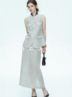 chicjuly Silver Glitter T Pocket Minimalist Women's Linen High Waist Top & Skirt Sets