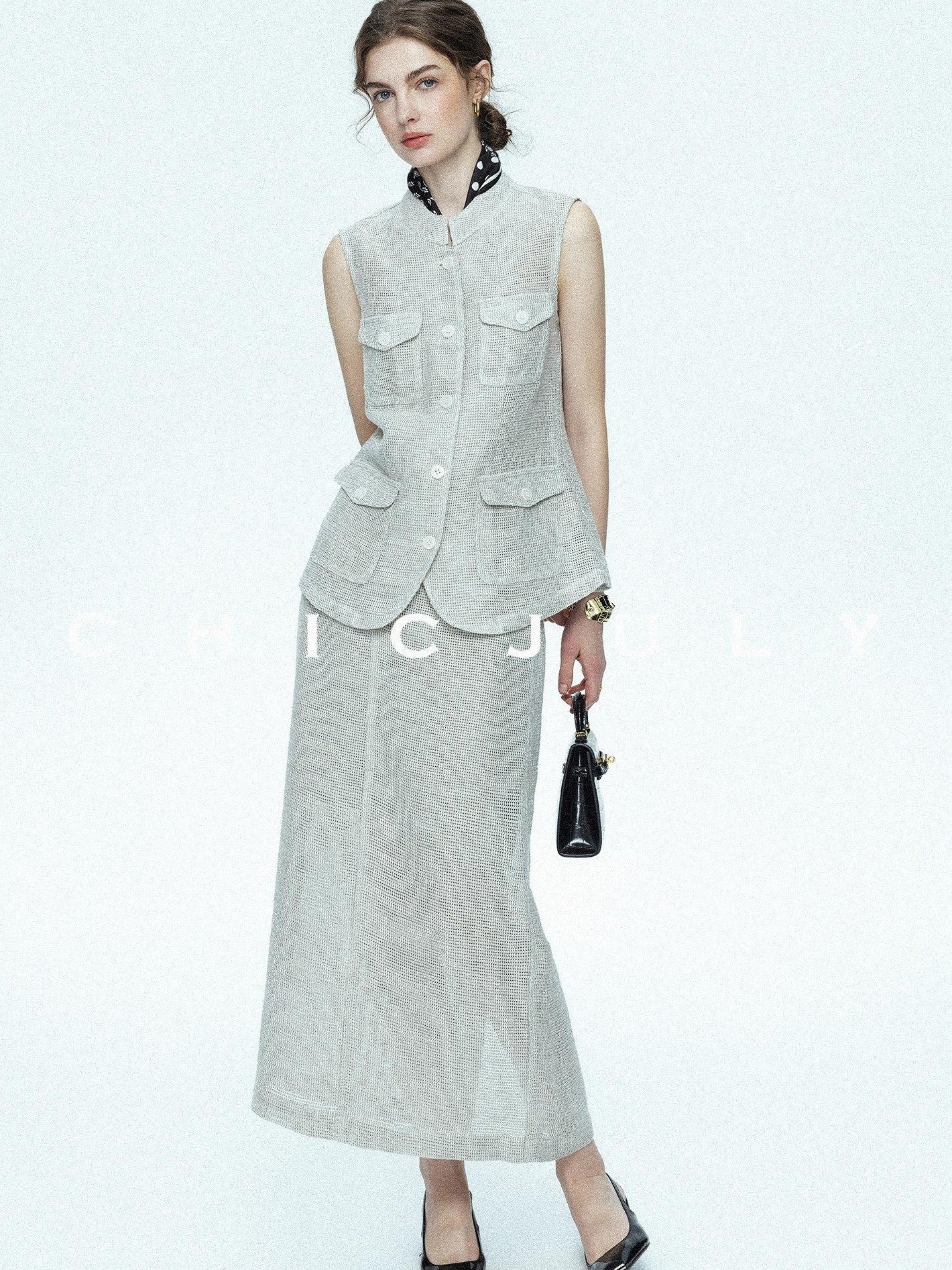 chicjuly Silver Glitter T Pocket Minimalist Women's Linen High Waist Top & Skirt Sets