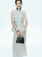 chicjuly Silver Glitter T Pocket Minimalist Women's Linen High Waist Top & Skirt Sets