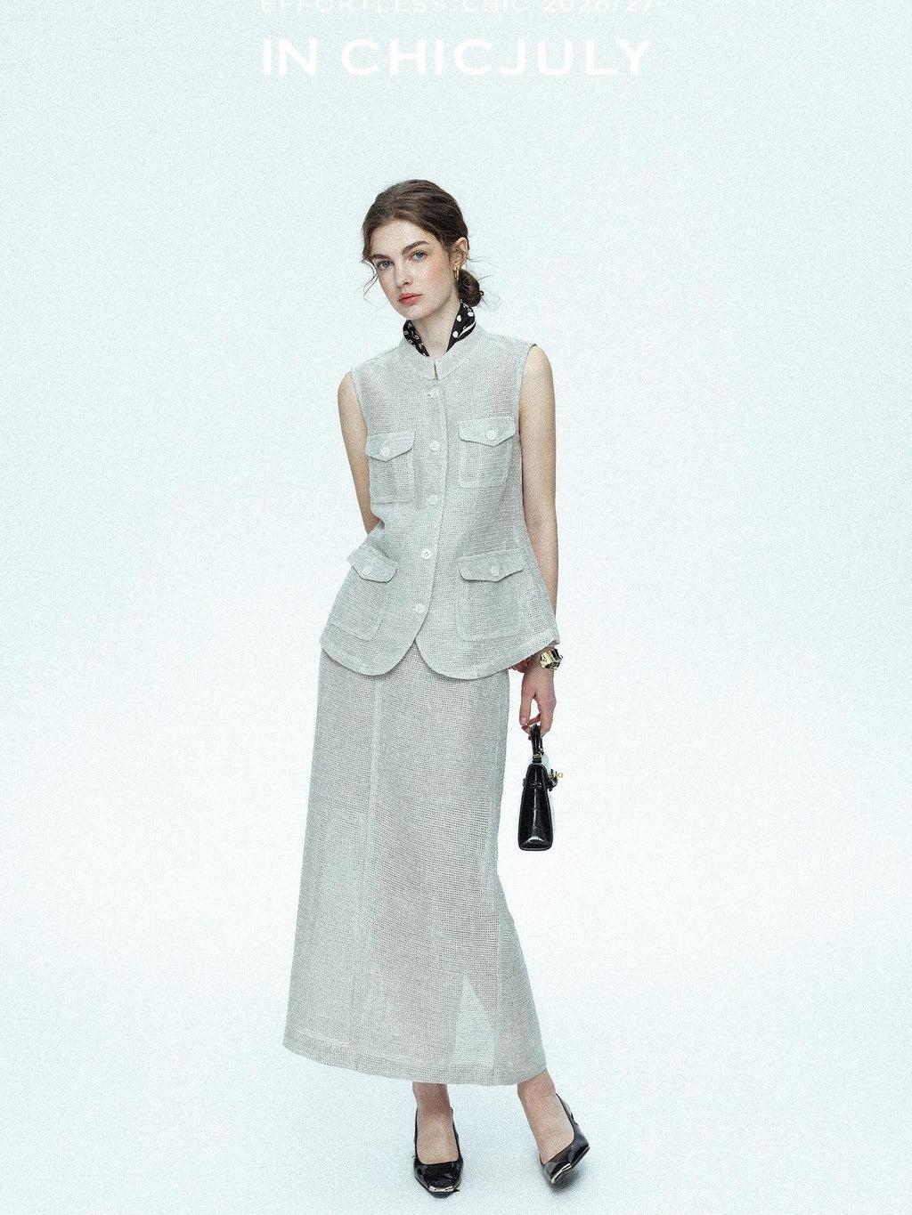 chicjuly Silver Glitter T Pocket Minimalist Women's Linen High Waist Top & Skirt Sets