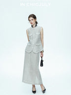 chicjuly Silver Glitter T Pocket Minimalist Women's Linen High Waist Top & Skirt Sets
