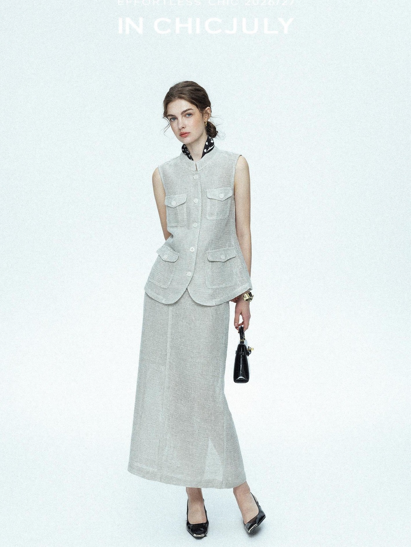 chicjuly Silver Glitter T Pocket Minimalist Women's Linen High Waist Top & Skirt Sets