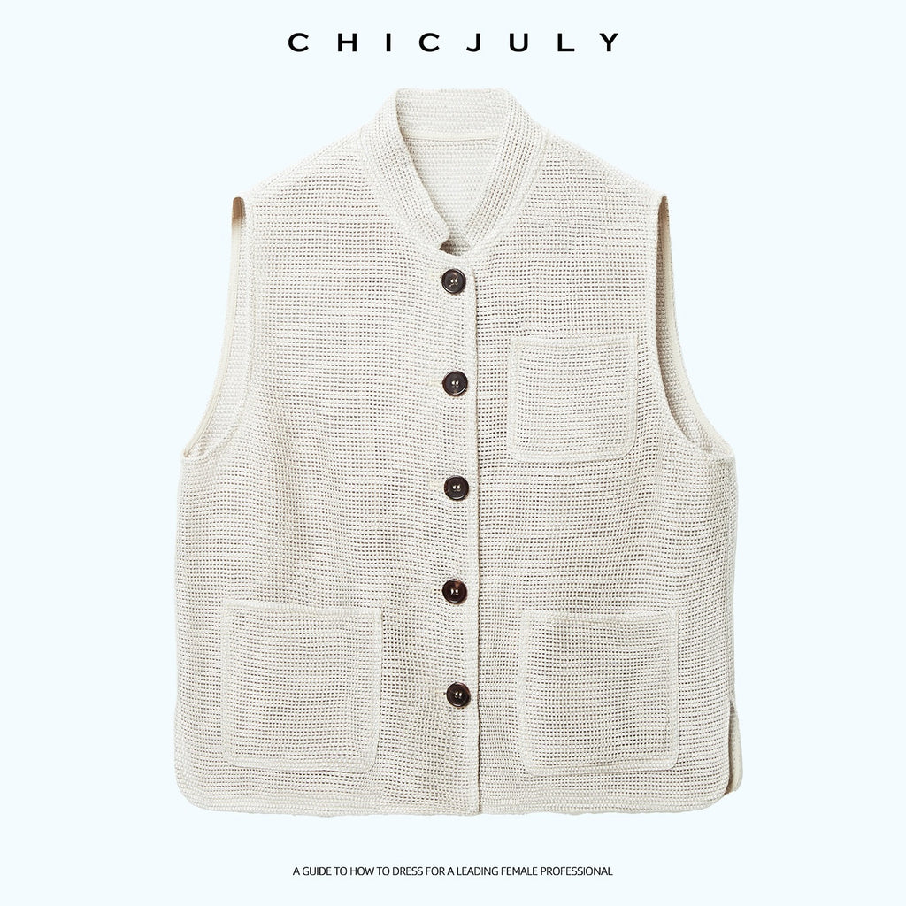 chicjuly Silver Shimmer Minimalist Stand Collar Vest Women's Linen Top & Shorts Sets 1048714853588