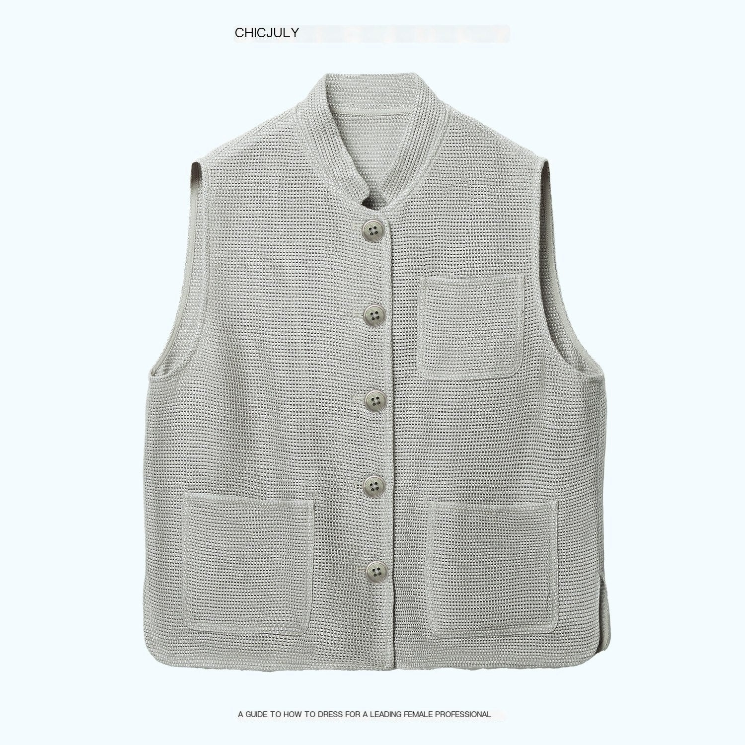 chicjuly Silver Shimmer Minimalist Stand Collar Vest Women's Linen Top & Shorts Sets 1048714853588