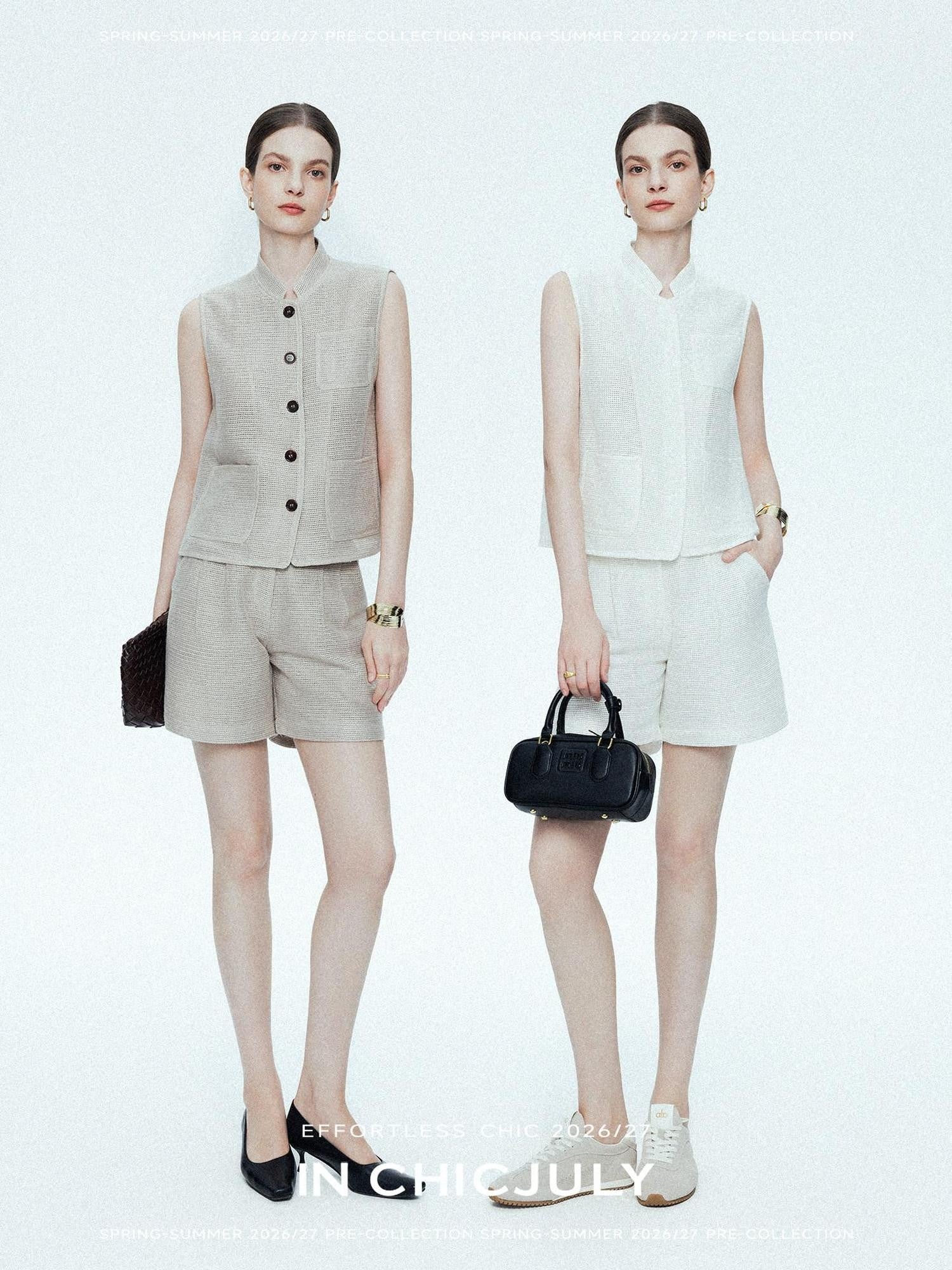chicjuly Silver Shimmer Minimalist Stand Collar Vest Women's Linen Top & Shorts Sets