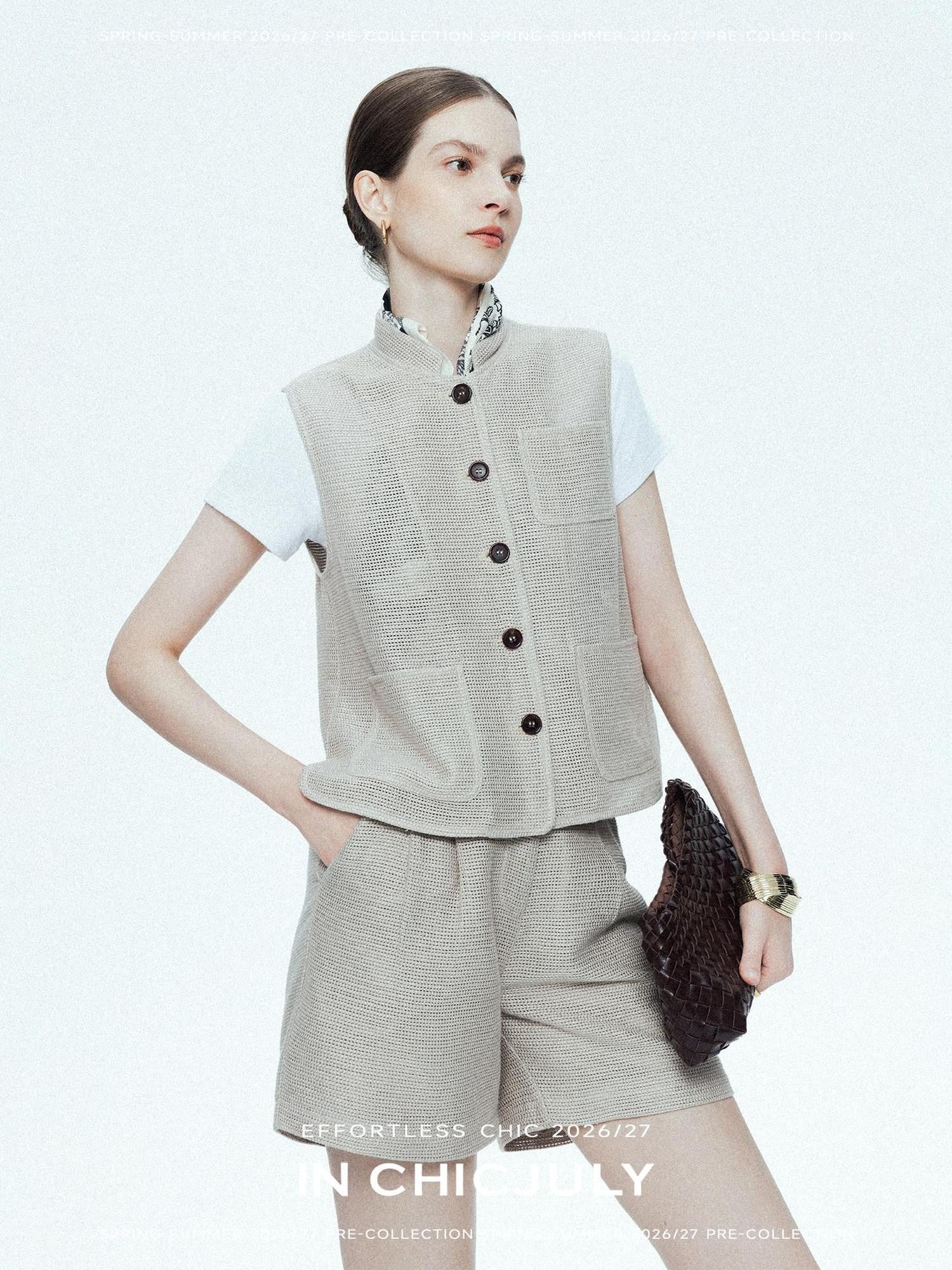 chicjuly Silver Shimmer Minimalist Stand Collar Vest Women's Linen Top & Shorts Sets