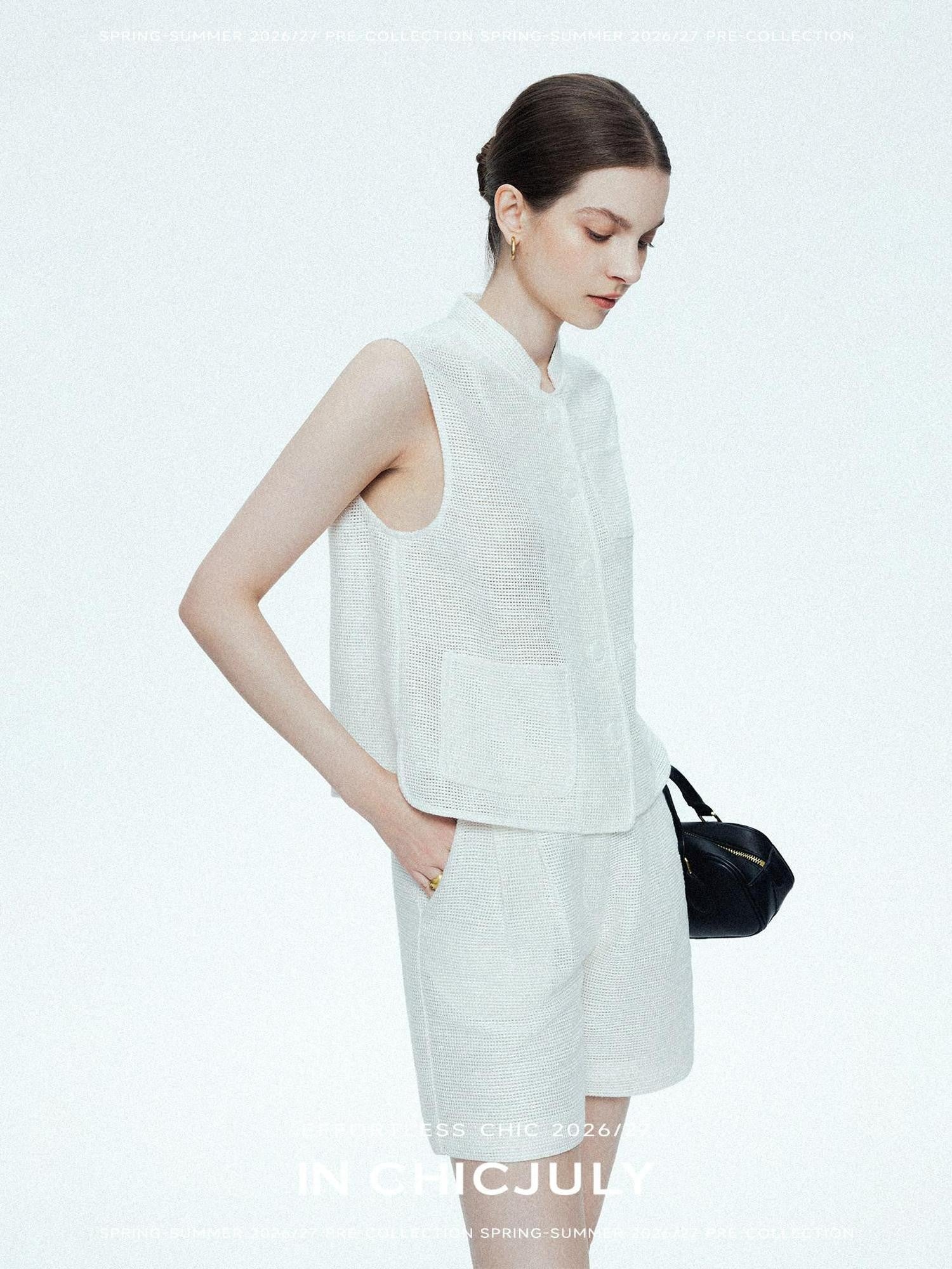 chicjuly Silver Shimmer Minimalist Stand Collar Vest Women's Linen Top & Shorts Sets