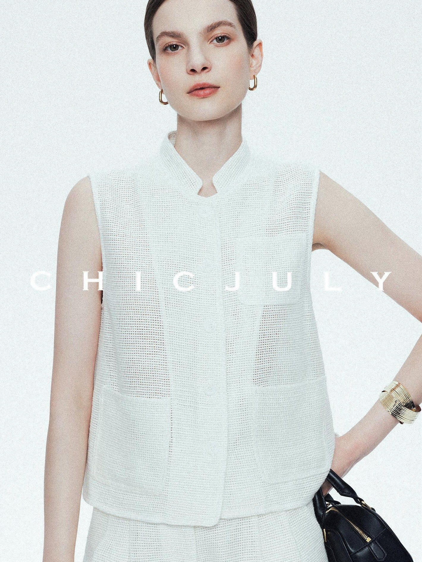 chicjuly Silver Shimmer Minimalist Stand Collar Vest Women's Linen Top & Shorts Sets