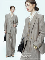 chicjuly Silver Shimmer Woven Air Washed Three Piece Women's Linen Pant Suits