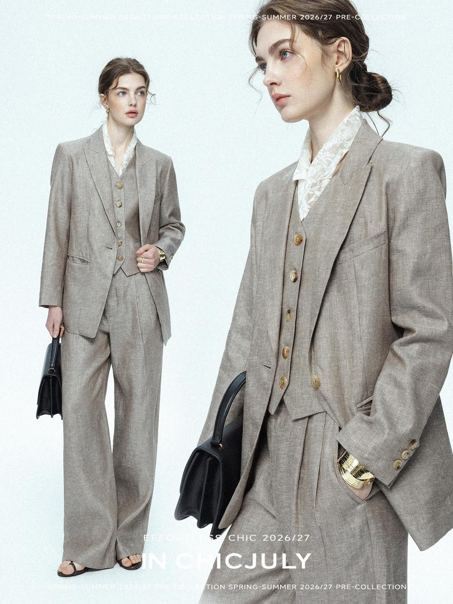 chicjuly Silver Shimmer Woven Air Washed Three Piece Women's Linen Pant Suits