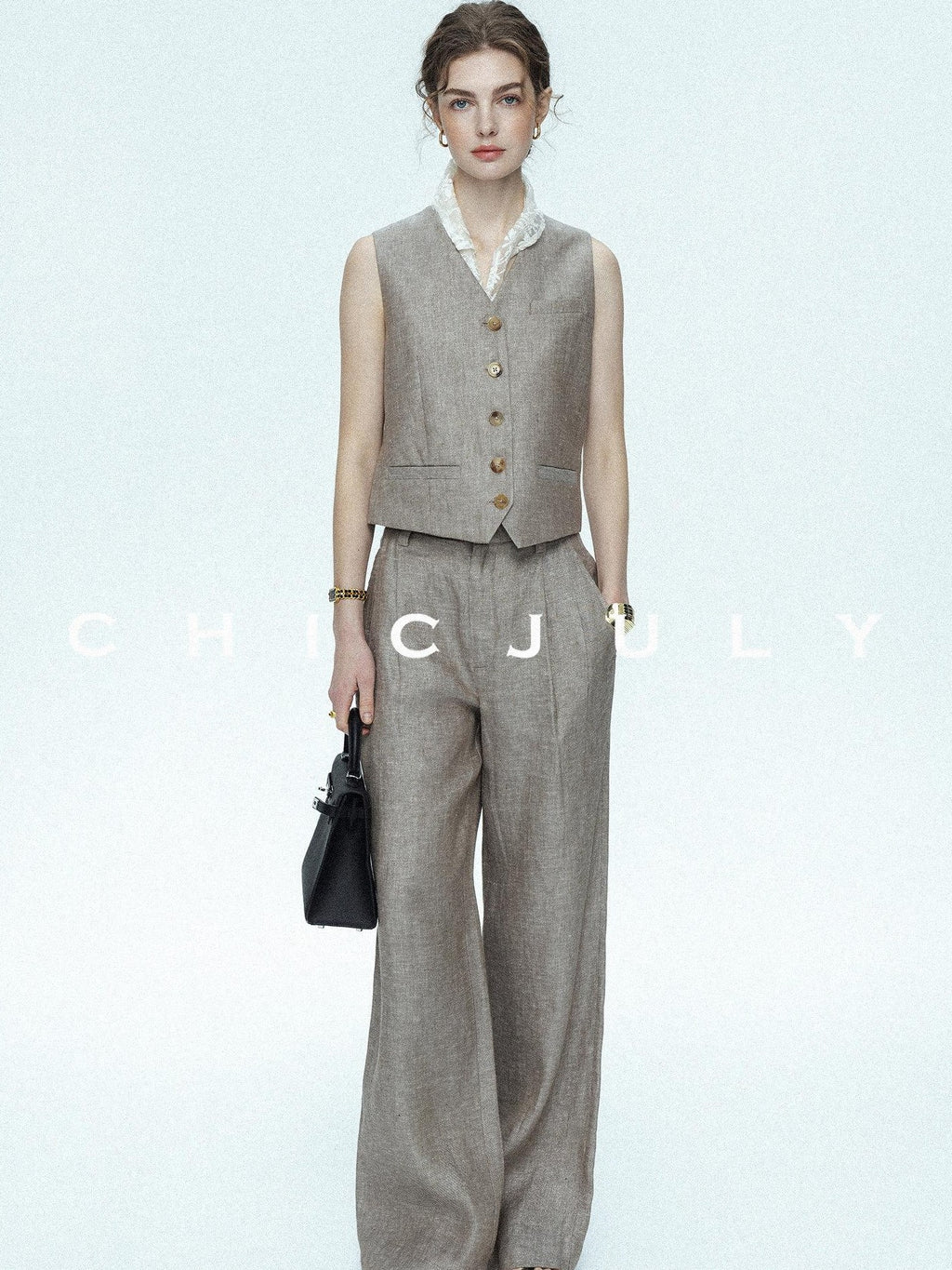 chicjuly Silver Shimmer Woven Air Washed Three Piece Women's Linen Pant Suits