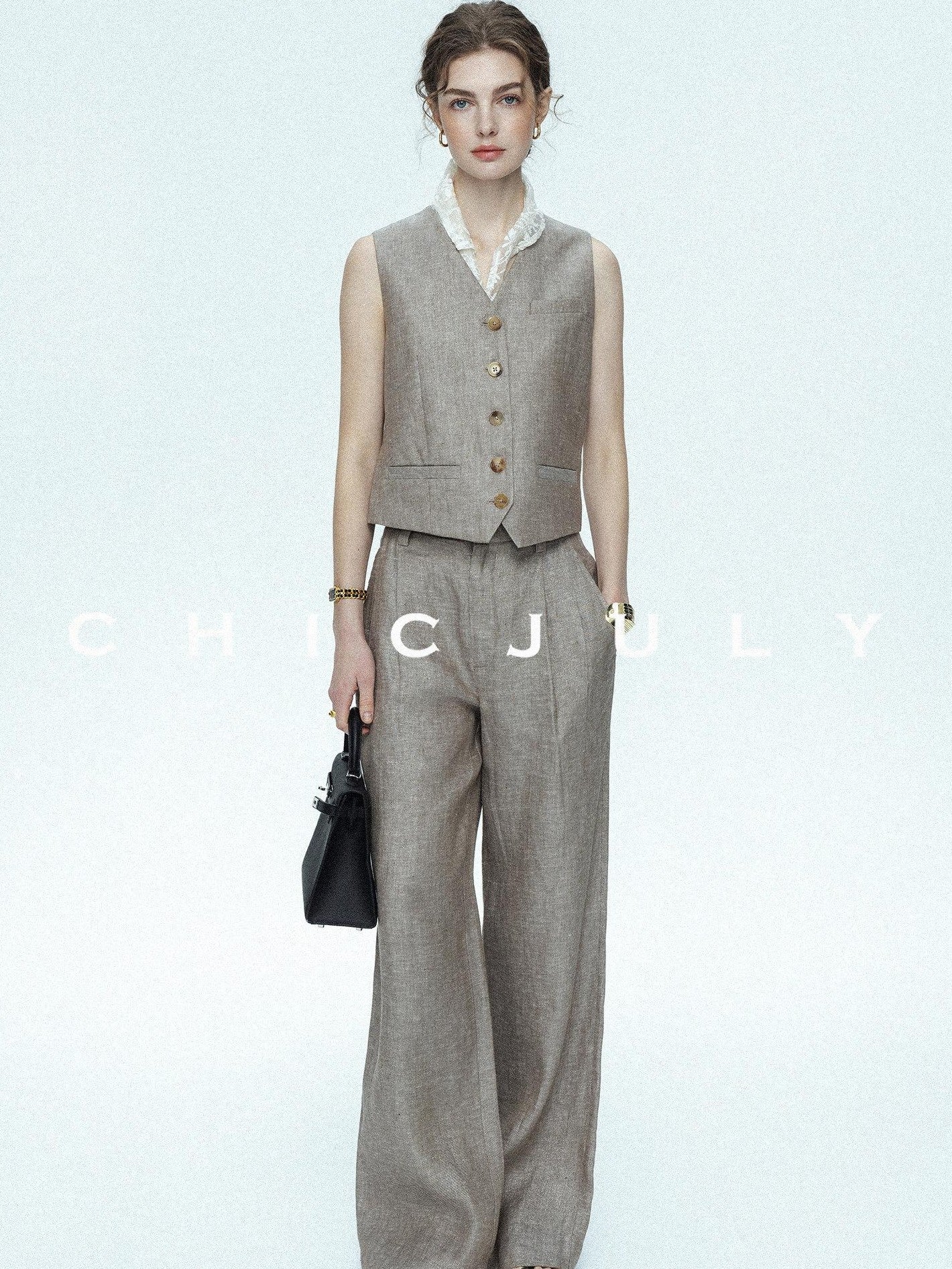 chicjuly Silver Shimmer Woven Air Washed Three Piece Women's Linen Pant Suits
