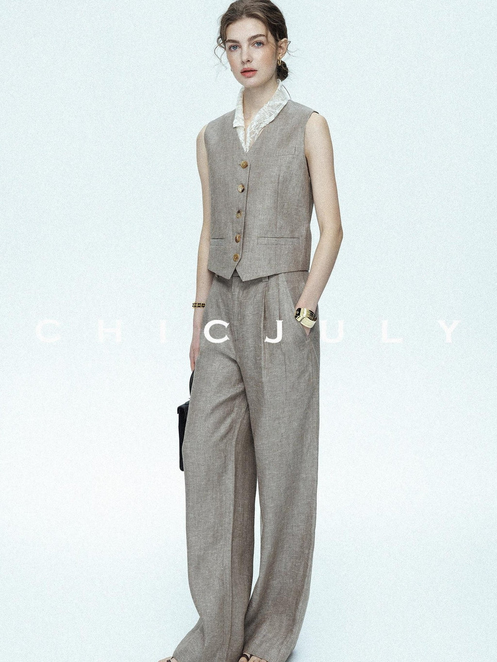 chicjuly Silver Shimmer Woven Air Washed Three Piece Women's Linen Pant Suits