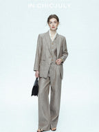 chicjuly Silver Shimmer Woven Air Washed Three Piece Women's Linen Pant Suits