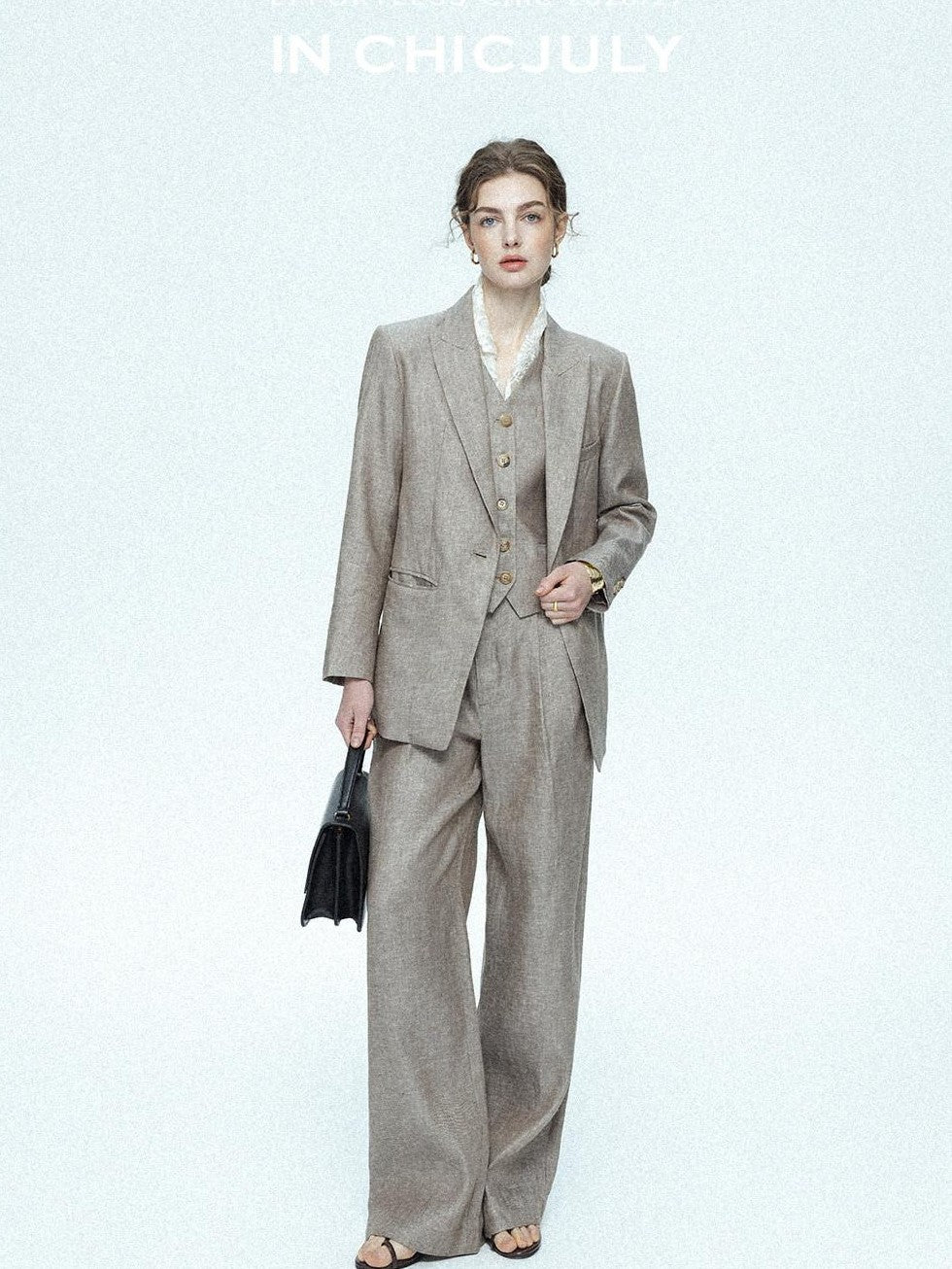 chicjuly Silver Shimmer Woven Air Washed Three Piece Women's Linen Pant Suits