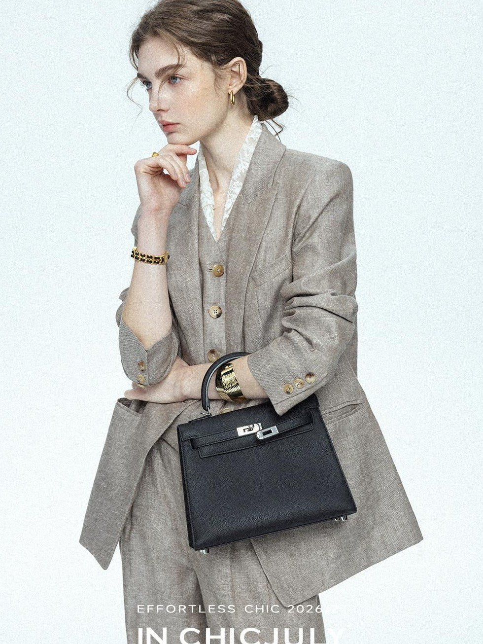 chicjuly Silver Shimmer Woven Air Washed Three Piece Women's Linen Pant Suits