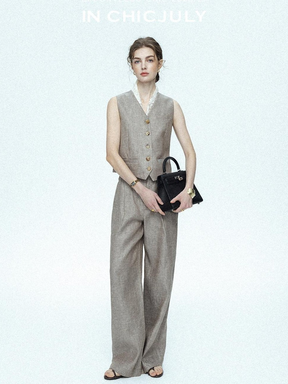 chicjuly Silver Shimmer Woven Air Washed Three Piece Women's Linen Pant Suits