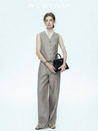 chicjuly Silver Shimmer Woven Air Washed Three Piece Women's Linen Pant Suits