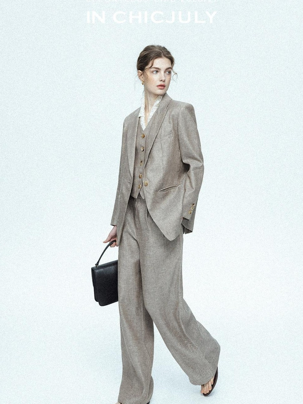 chicjuly Silver Shimmer Woven Air Washed Three Piece Women's Linen Pant Suits