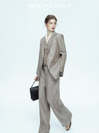 chicjuly Silver Shimmer Woven Air Washed Three Piece Women's Linen Pant Suits