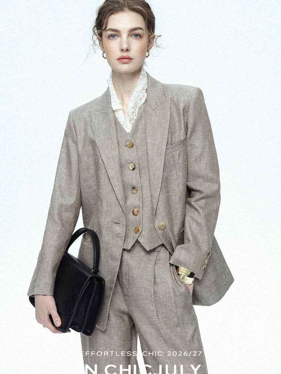 chicjuly Silver Shimmer Woven Air Washed Three Piece Women's Linen Pant Suits