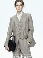 chicjuly Silver Shimmer Woven Air Washed Three Piece Women's Linen Pant Suits