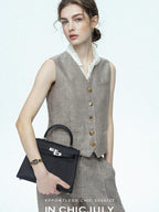 chicjuly Silver Shimmer Woven Air Washed Three Piece Women's Linen Pant Suits
