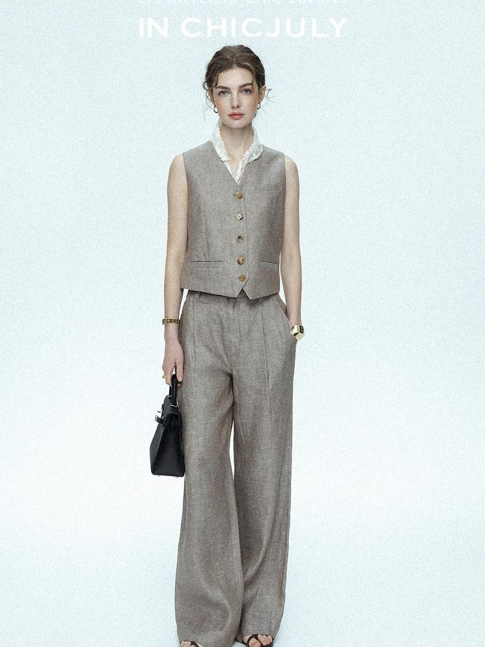 chicjuly Silver Shimmer Woven Air Washed Three Piece Women's Linen Pant Suits