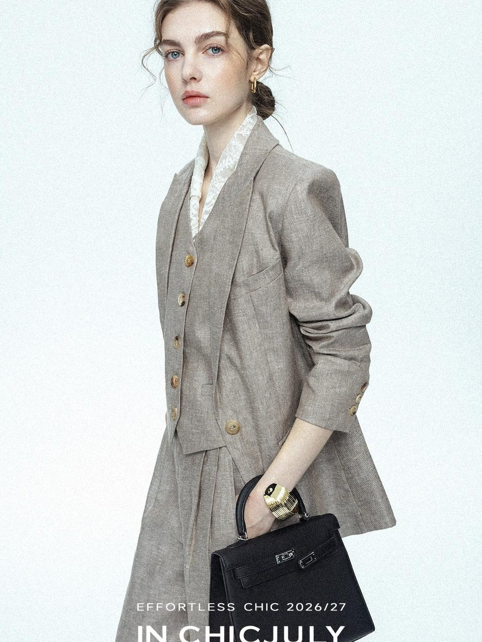 chicjuly Silver Shimmer Woven Air Washed Three Piece Women's Linen Pant Suits