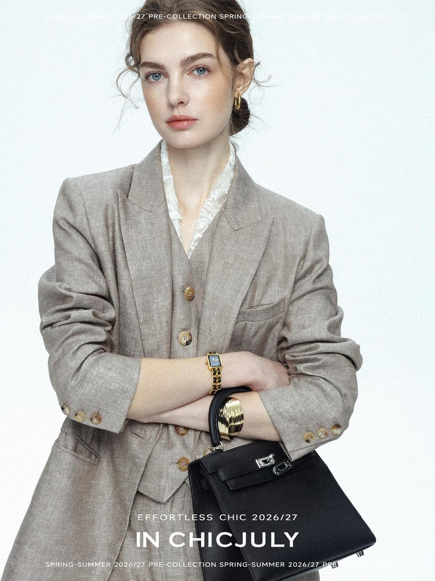 chicjuly Silver Shimmer Woven Air Washed Three Piece Women's Linen Pant Suits