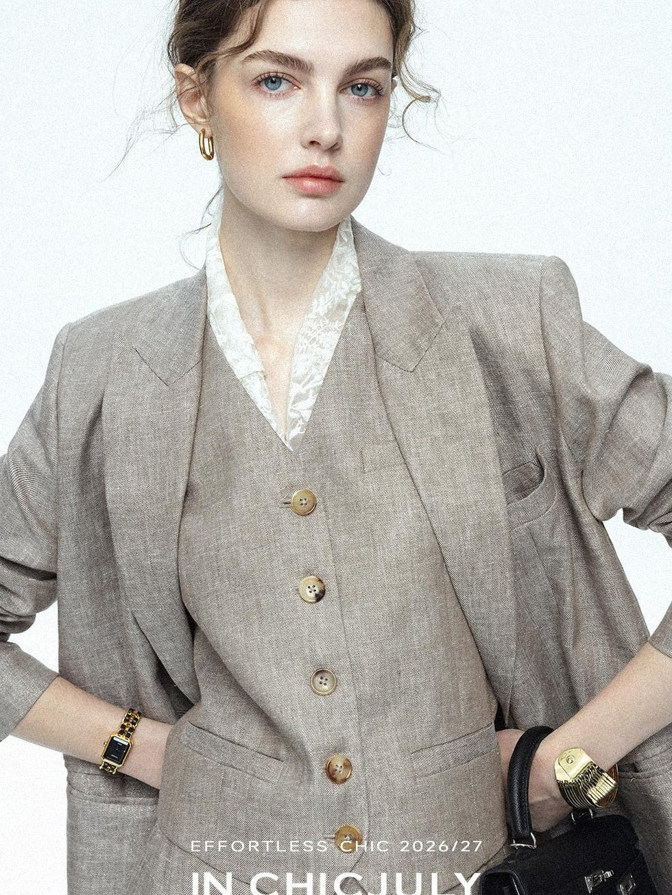 chicjuly Silver Shimmer Woven Air Washed Three Piece Women's Linen Pant Suits