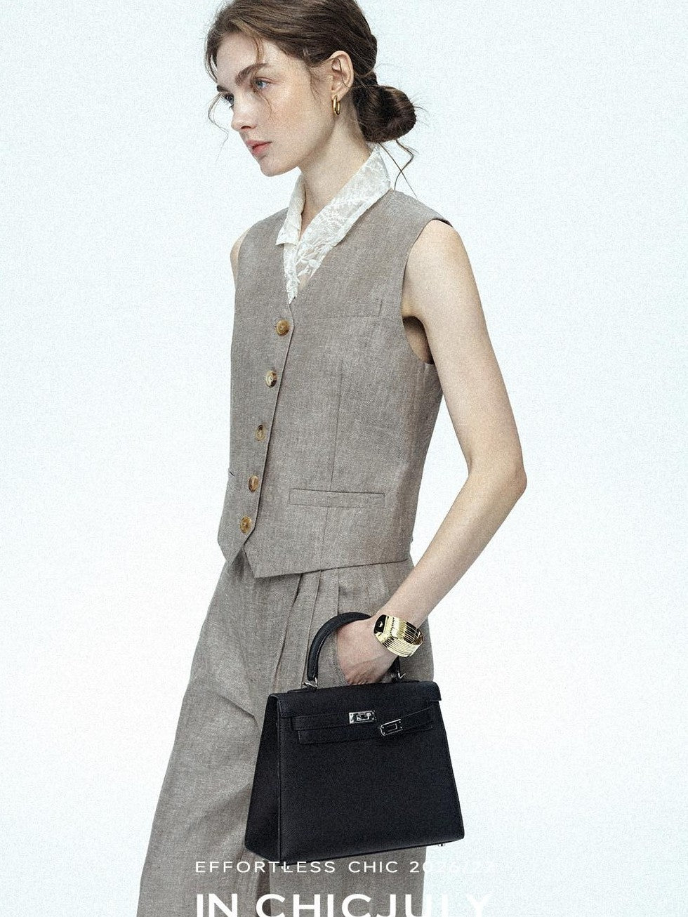 chicjuly Silver Shimmer Woven Air Washed Three Piece Women's Linen Pant Suits