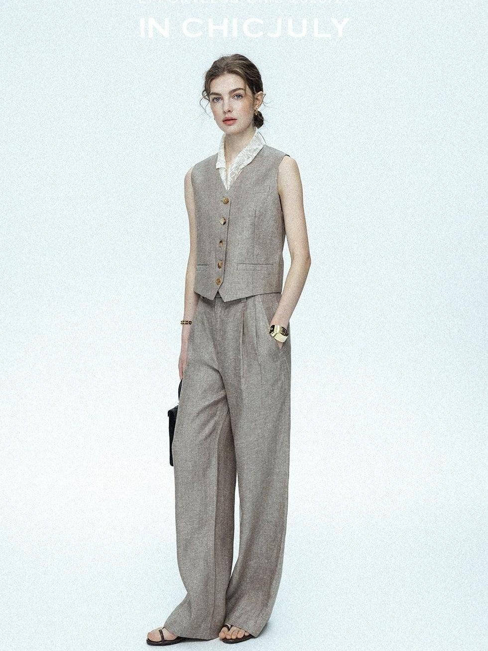 chicjuly Silver Shimmer Woven Air Washed Three Piece Women's Linen Pant Suits