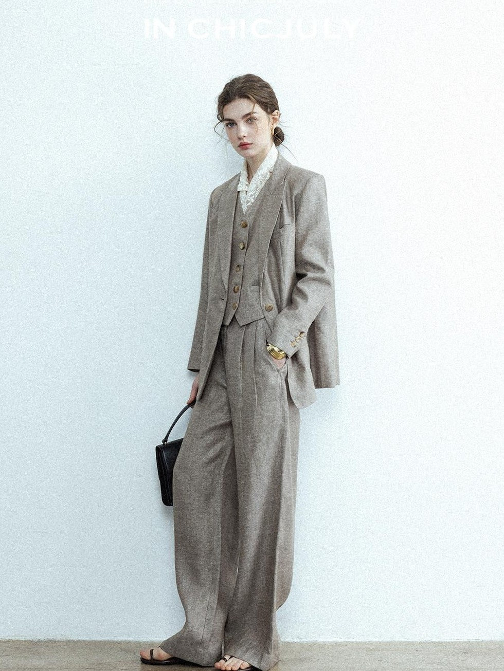chicjuly Silver Shimmer Woven Air Washed Three Piece Women's Linen Pant Suits