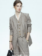 chicjuly Silver Shimmer Woven Air Washed Three Piece Women's Linen Pant Suits