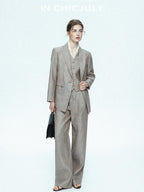 chicjuly Silver Shimmer Woven Air Washed Three Piece Women's Linen Pant Suits