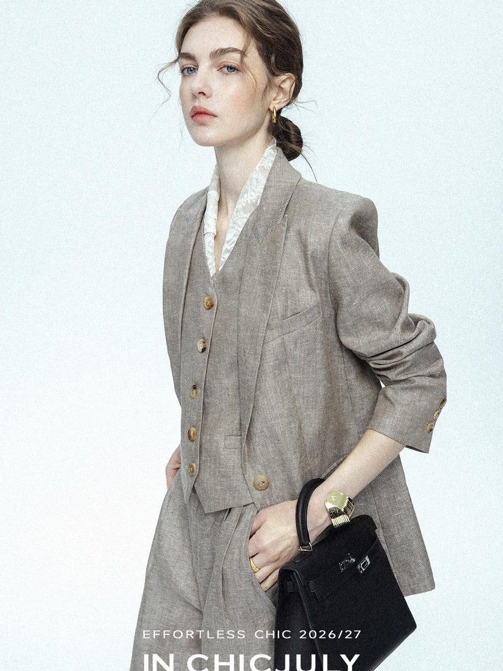 chicjuly Silver Shimmer Woven Air Washed Three Piece Women's Linen Pant Suits