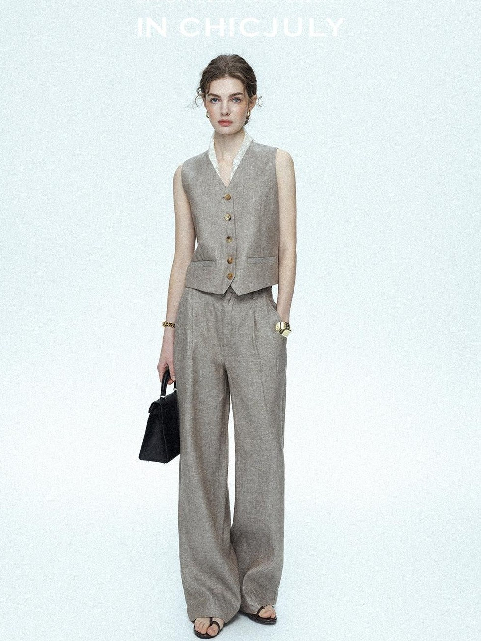 chicjuly Silver Shimmer Woven Air Washed Three Piece Women's Linen Pant Suits