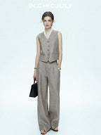 chicjuly Silver Shimmer Woven Air Washed Three Piece Women's Linen Pant Suits