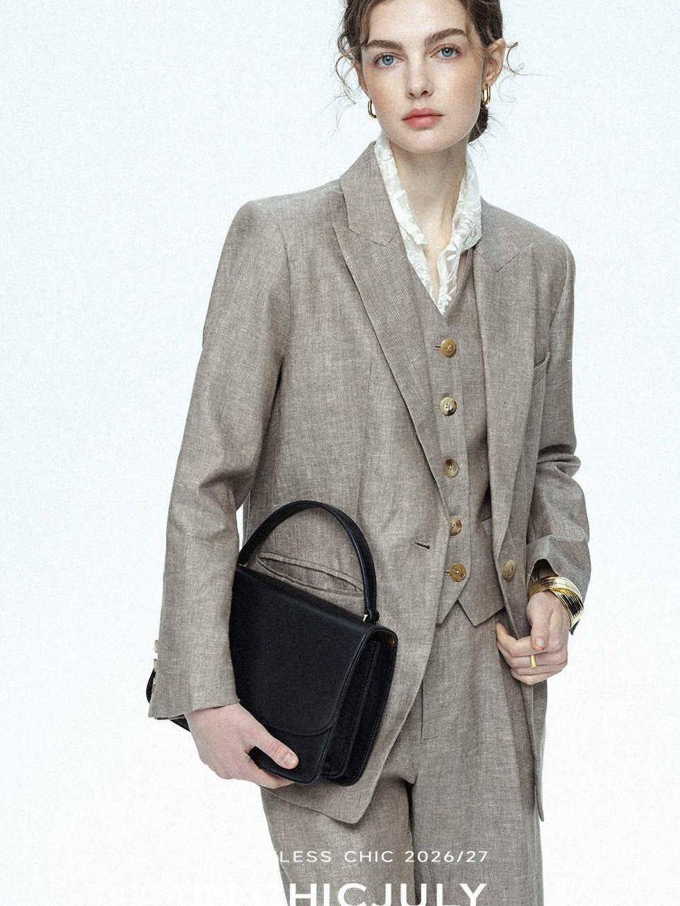 chicjuly Silver Shimmer Woven Air Washed Three Piece Women's Linen Pant Suits