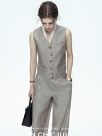 chicjuly Silver Shimmer Woven Air Washed Three Piece Women's Linen Pant Suits